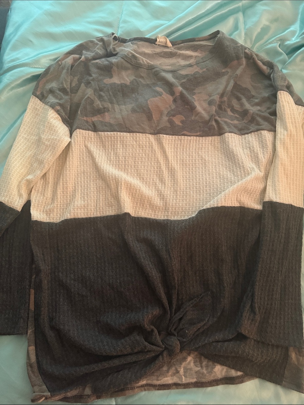BiBi Teal and Gray Camo Knit Top